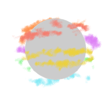 A spherical object surrounded by colourful clouds