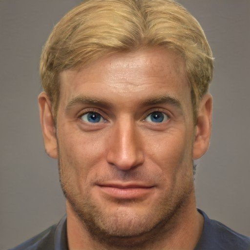 Photorealistic portrait image of the face of a handsome blond man. He smiles slightly.