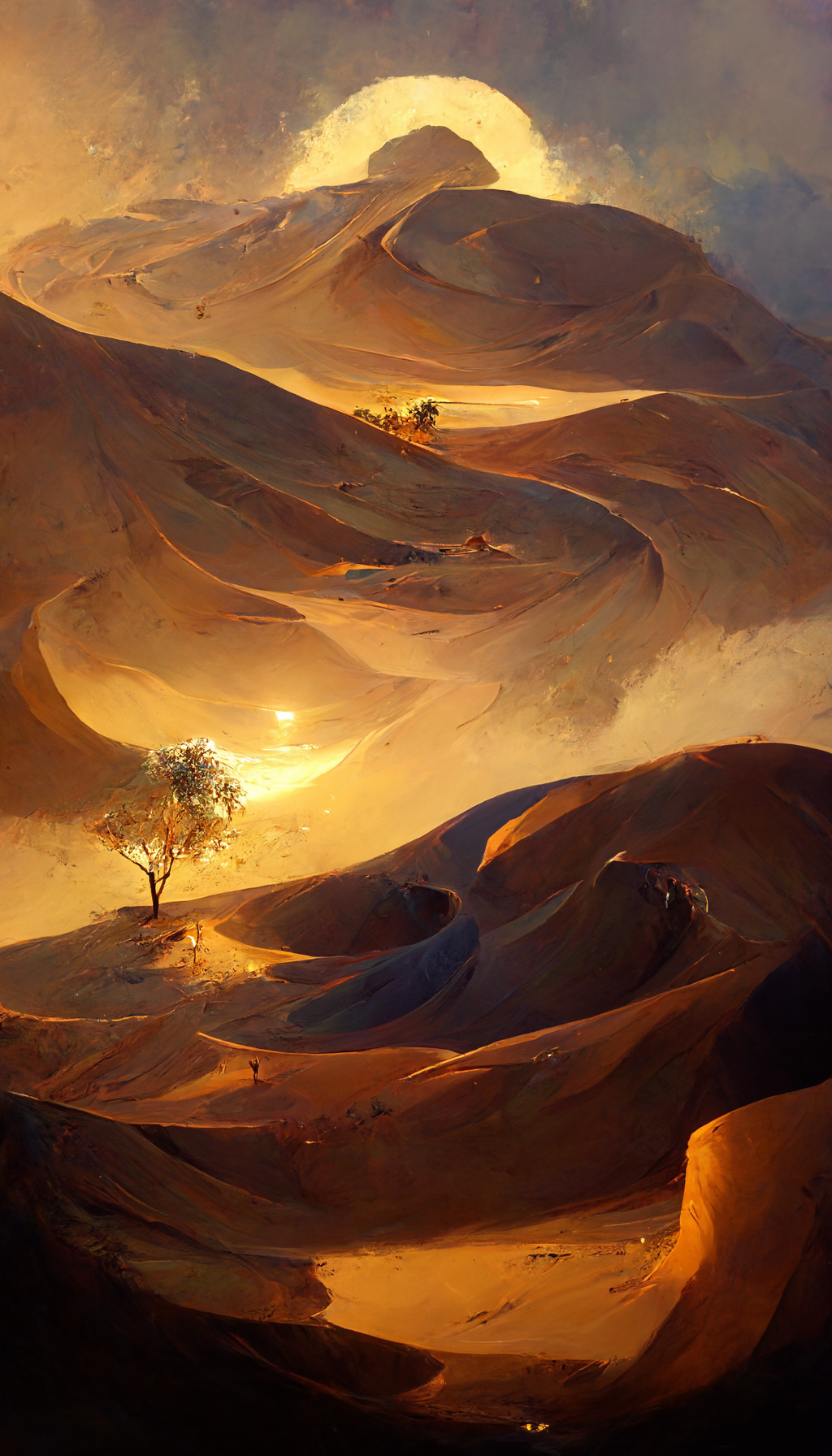 Shifting golden sand dunes with a setting sun and a small scrubby tree.