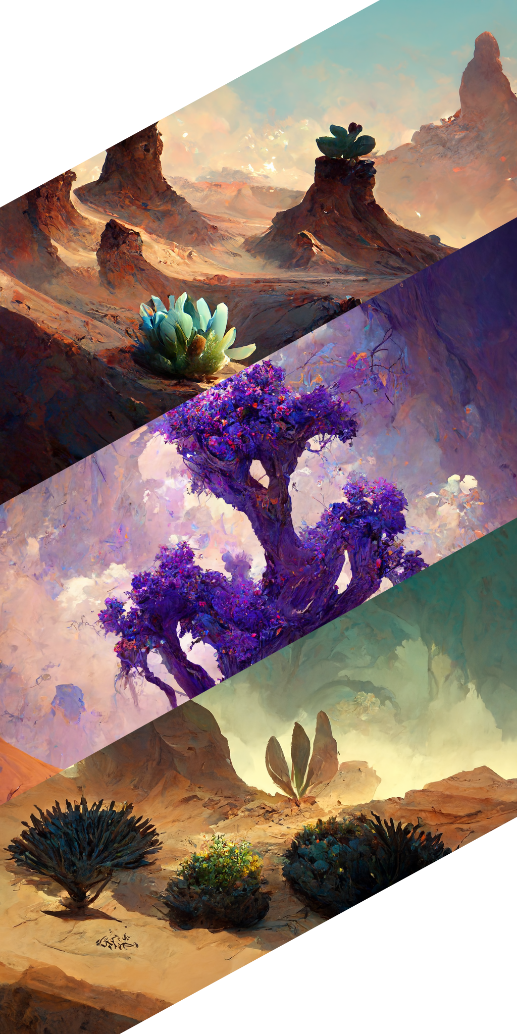 Vertical slices of pictures of succulents, a purple tree, and cactuses.