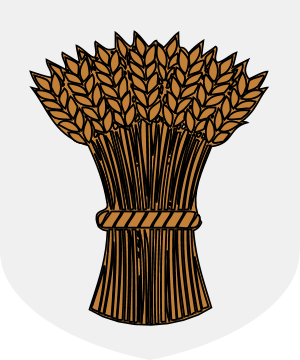 Heraldic shield with a white ground and a copper-brown sheaf of grain.