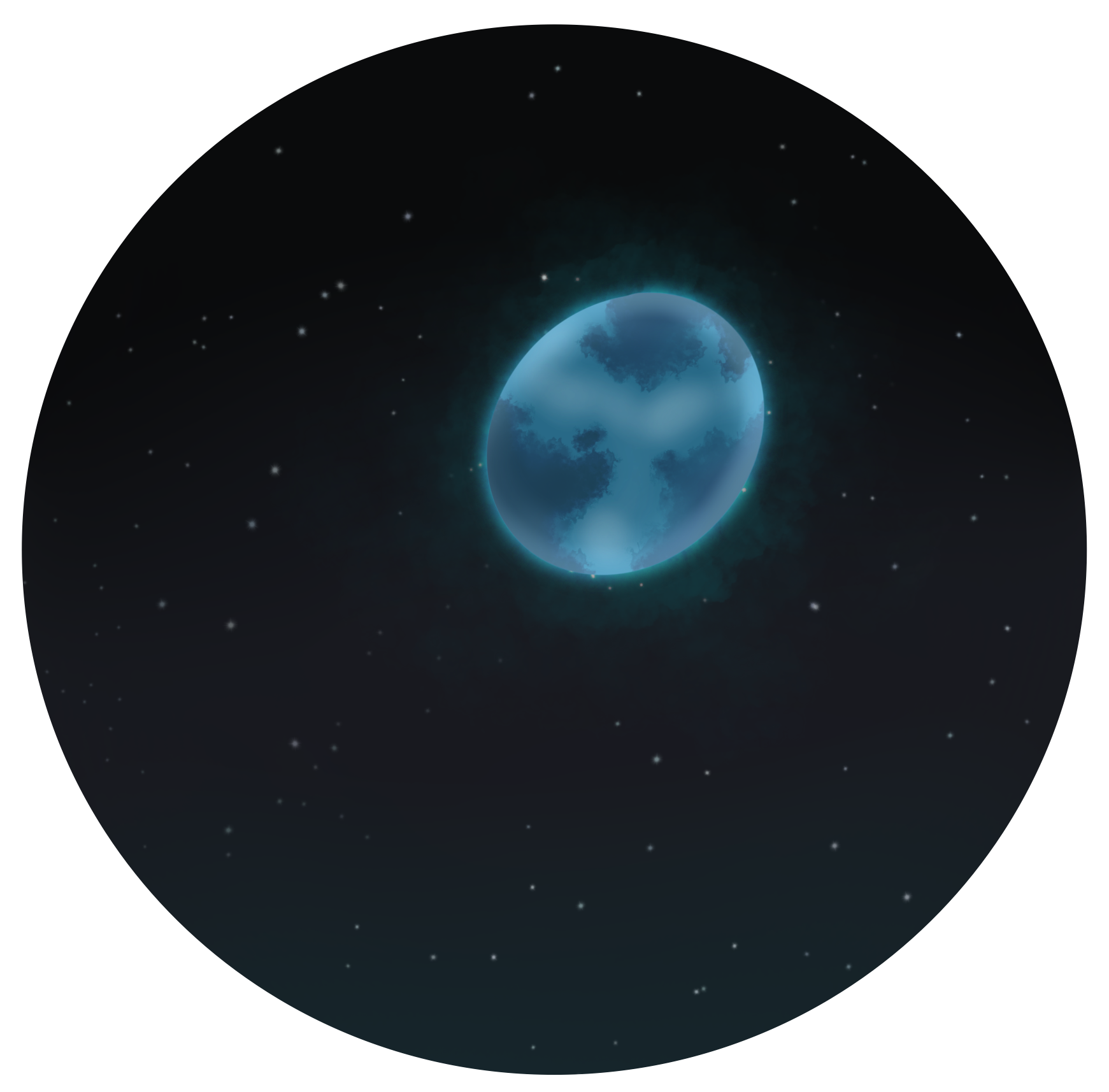 A blue, oblong-shaped moon with obvious landmarks, set in a night sky.