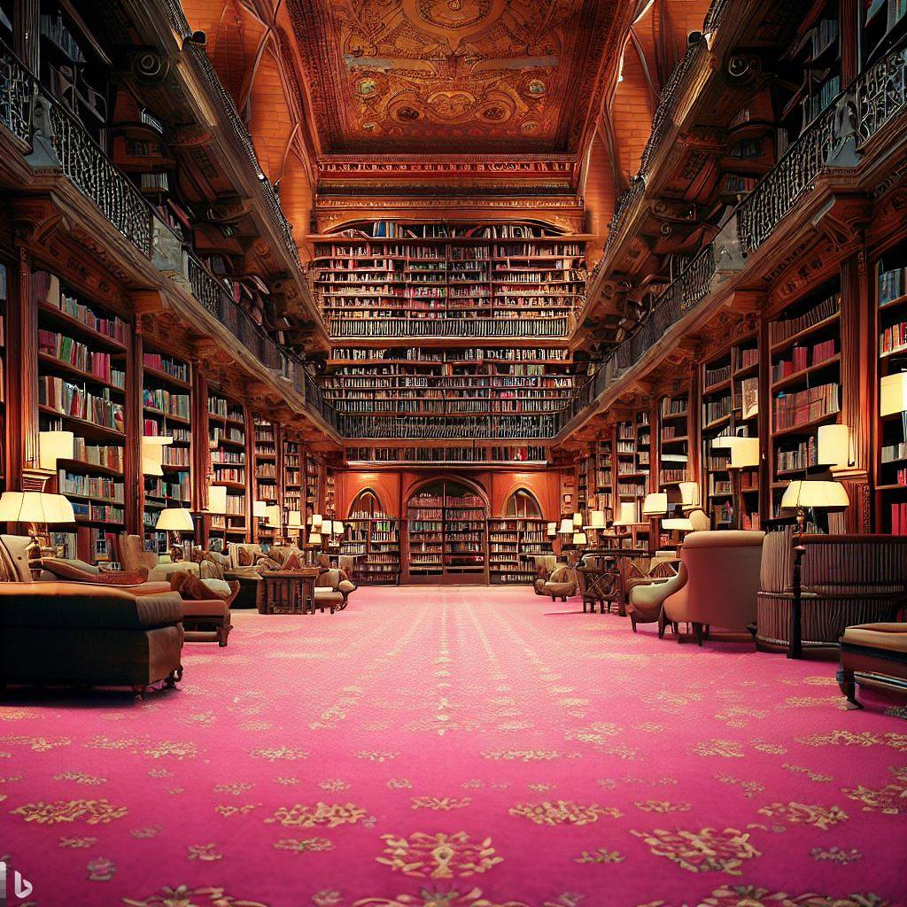 A vast library with a pink carpet, old fashioned wooden shelves and a vaulted ceiling, furnished with modern furnishings