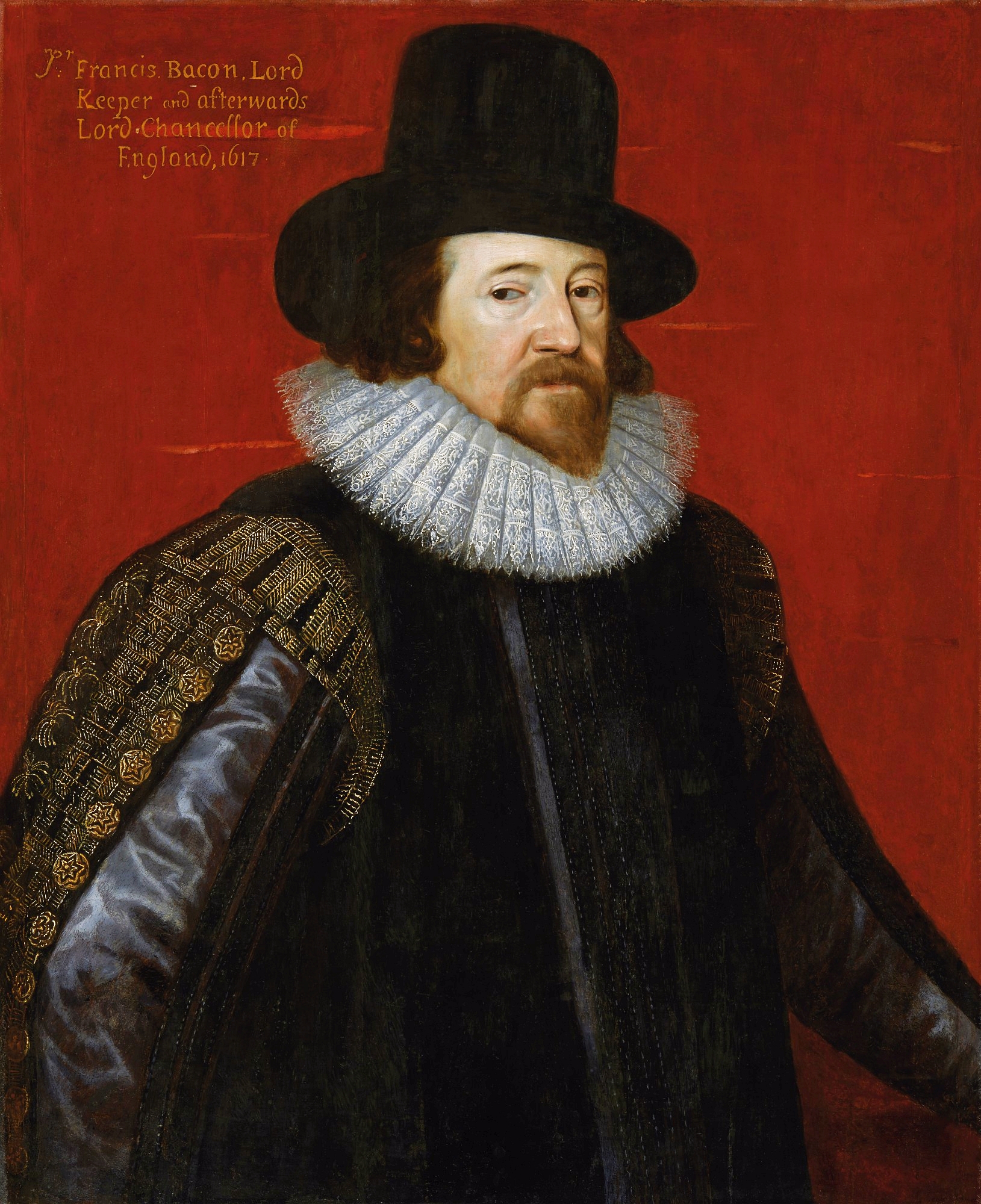 Painted portrait of a white man with a pointed brown beard. He wears rich clothing typical of 1600s Britain.