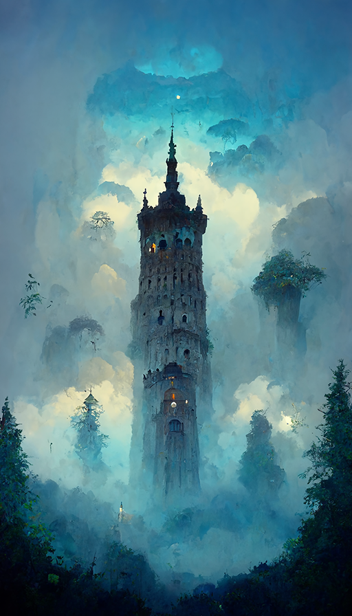 A tower rises through mist, with strand land formations and trees around it.