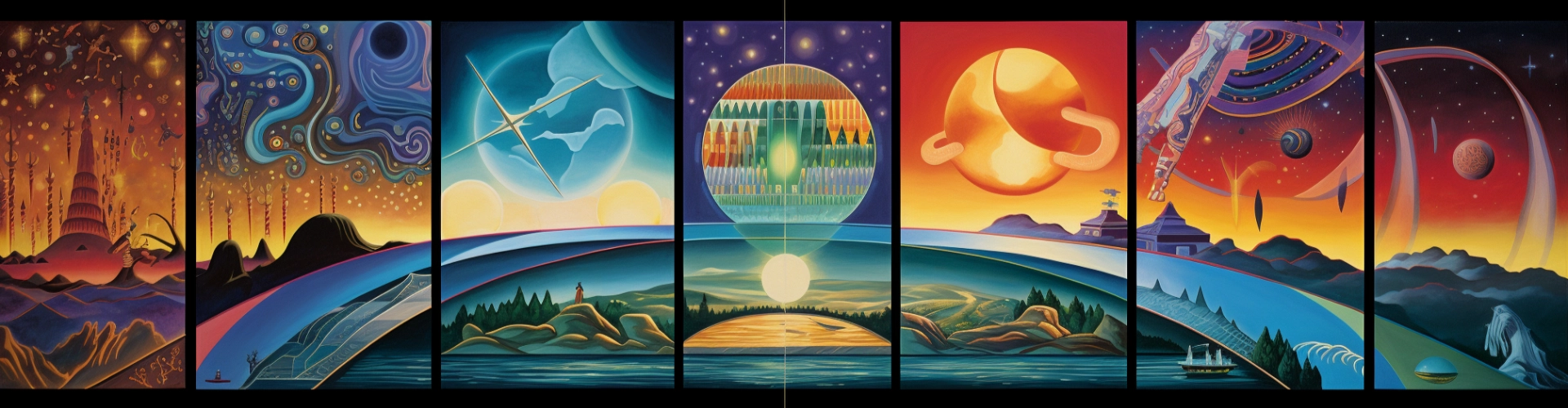 stylistic mural with 7 panels each showing a different object on a science fantasy background