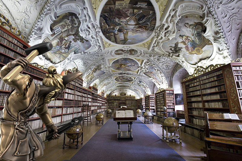 A baroque library with spectacular ceiling frescoes and a bronze statue in the foreground