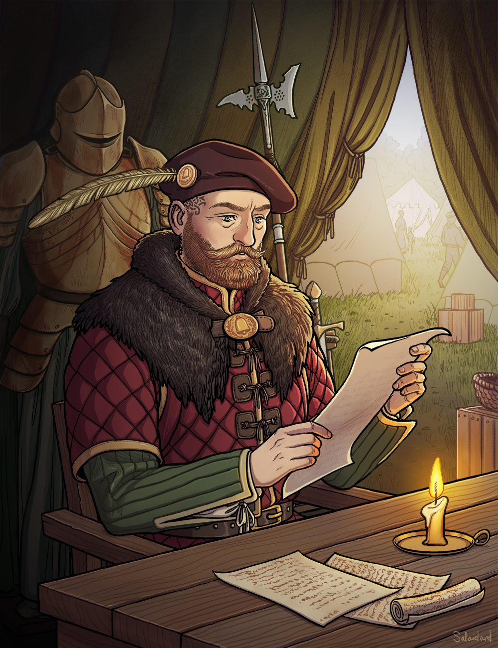 Portrait of Terfel Glas sitting in his tent within New Cyre. Created by the amazing Alisa Ala-Könni (@salaidard on Twitter)