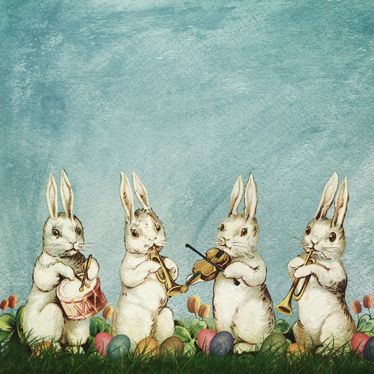 Four rabbits with Easter eggs playing musical instruments
