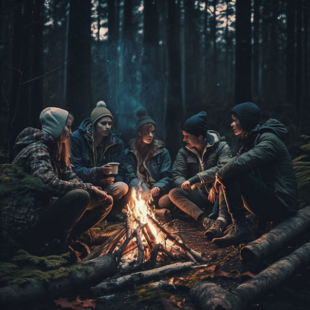 A group of people in coats sitting around a campfire in a forest