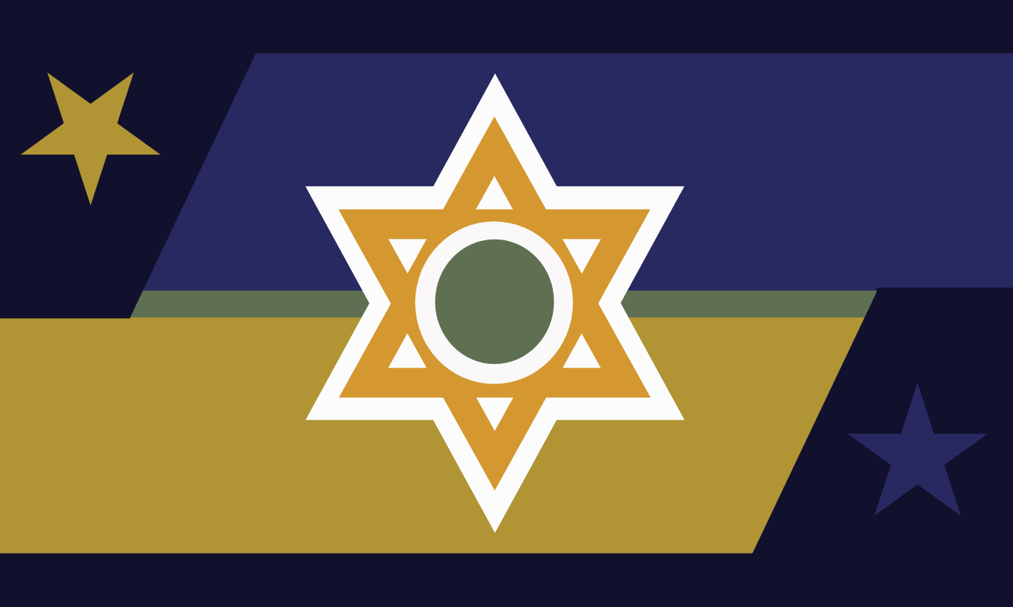 A golden star of david with white borders and a muted green circle sits in the center of this flag. The outer borders of the flag are a deep, midnight blue. In the top left corner is a yellow star in front of the midnight blue rhombus. In the bottom r