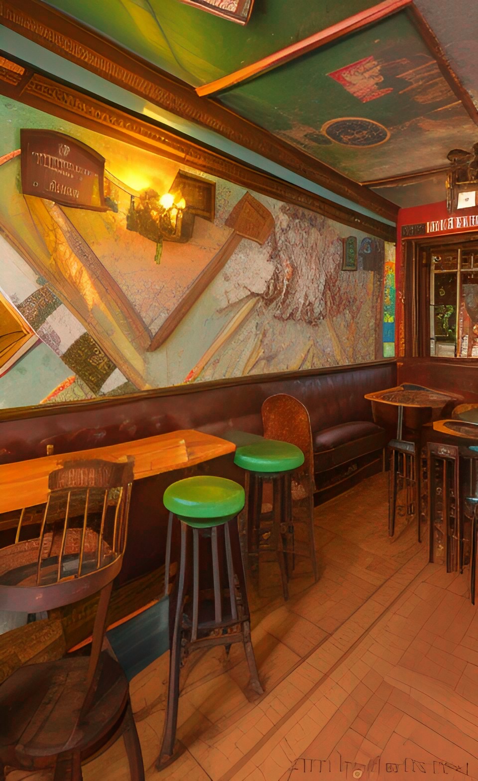 A pub with mismatched stools and scattered wallpaper