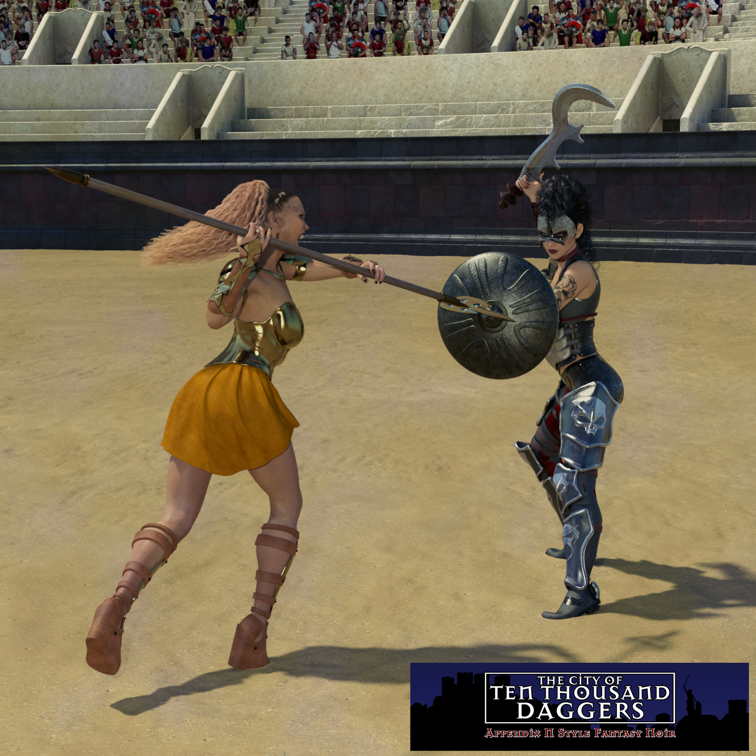 Two gladiators fight in the Grand Arena