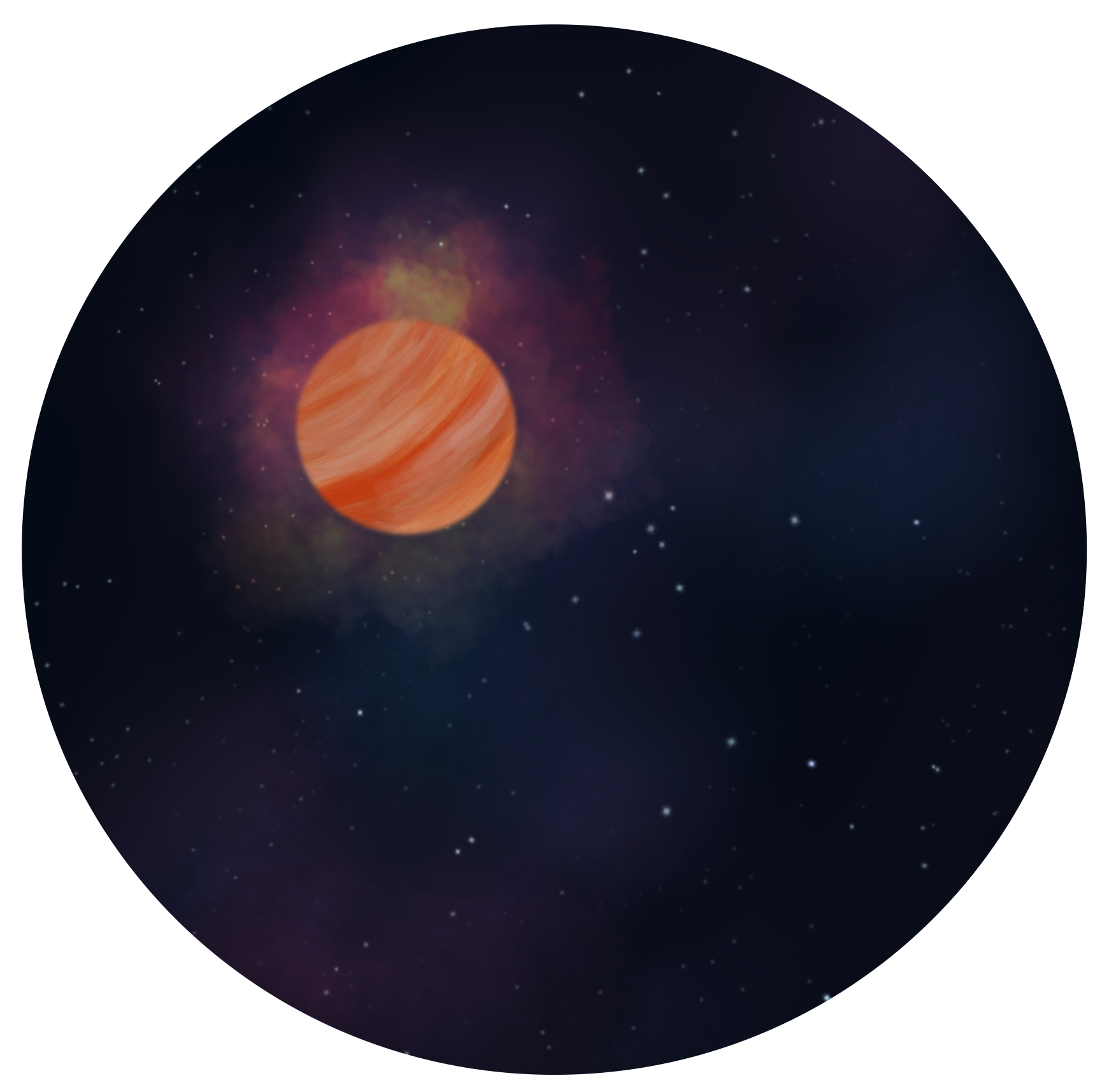 A red-and-orange swirled moon shape with a colorful aura, set against a galaxy background.