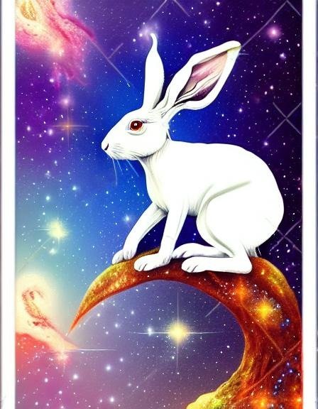 A white hare with starry eyes, standing on a golden nebula wave, against a starry background