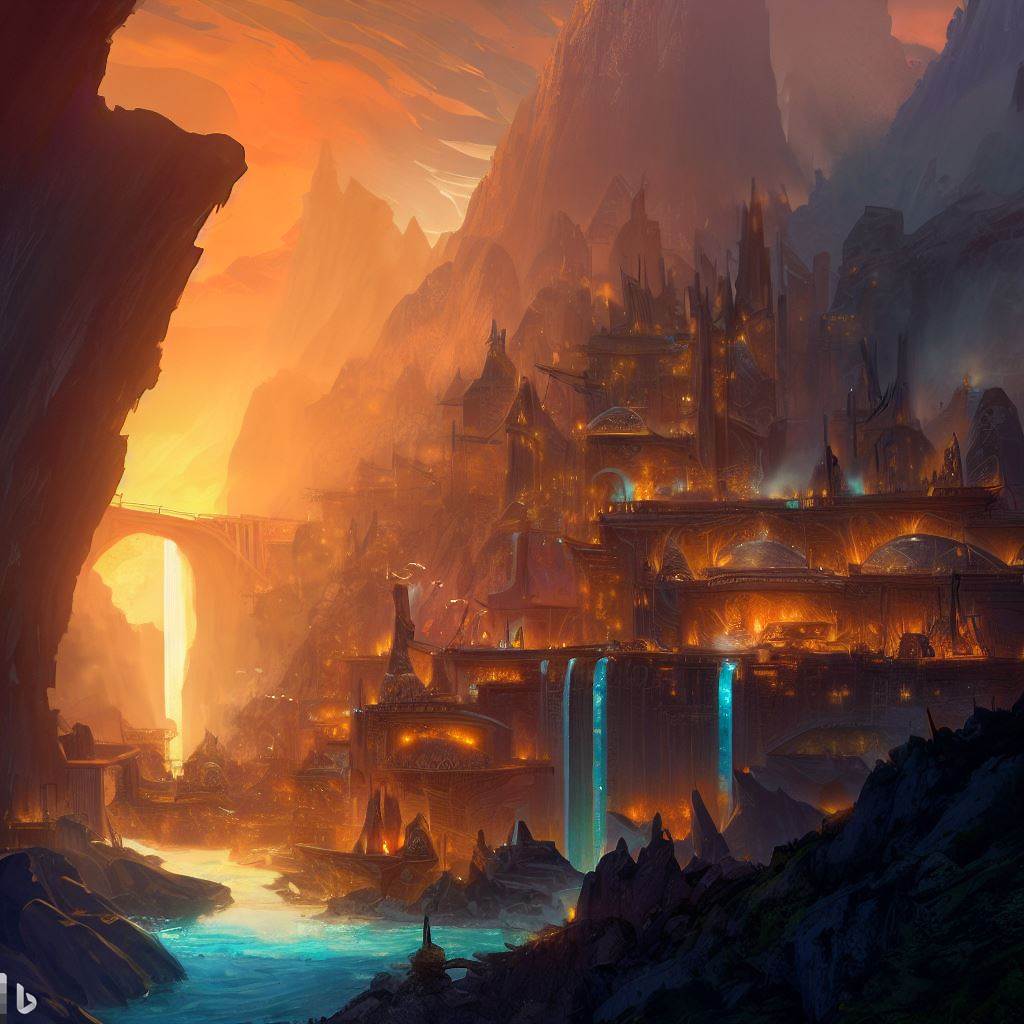 a digital art image of an orange glowing city on a mountainside with blue glowing waterfalls flowing towards a small lake