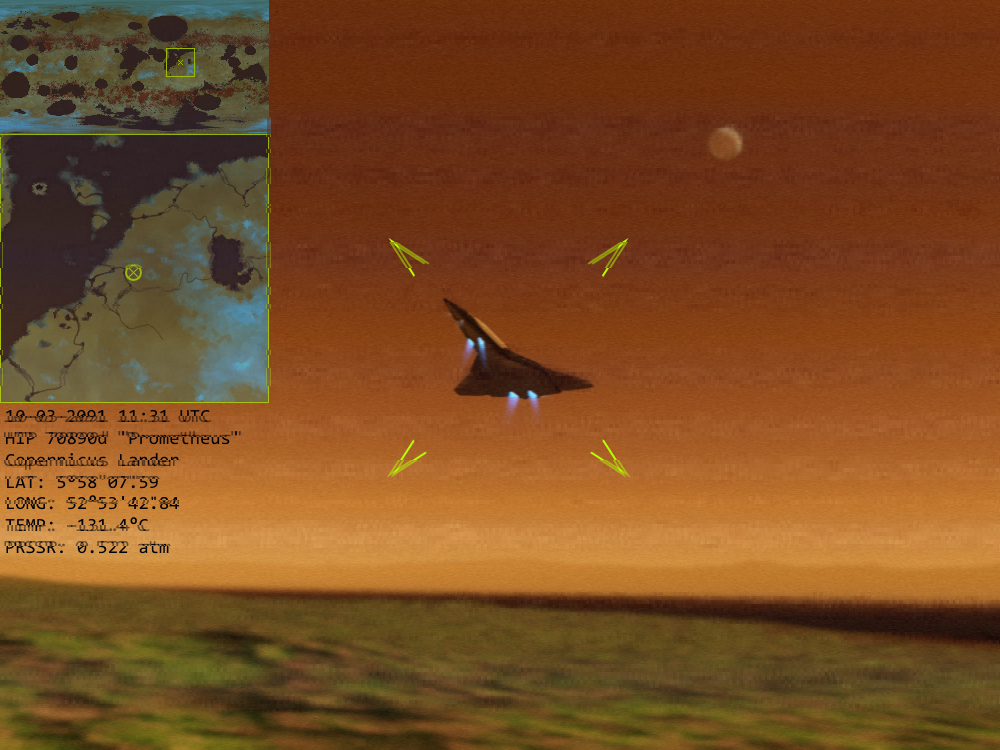 A triangular-winged shuttlecraft using its landing jets to touch down on a snow dune, against a backdrop of orange sky and dark ammonia. In the upper left corner is an inlaid map, beneath which is text describing the environmental conditions.
