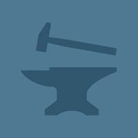 A hammer above an anvil in dark blue on a light blue background.