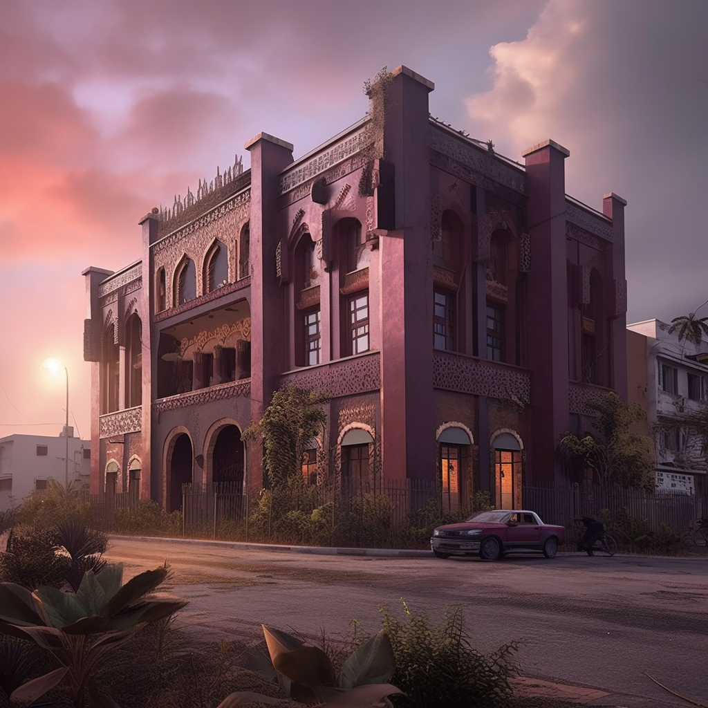 An image of a two-story, pinkish-purple building with a number of arch-shaped windows on a city street lined with shrubbery and ferns. The sky indicates that it is sunset.