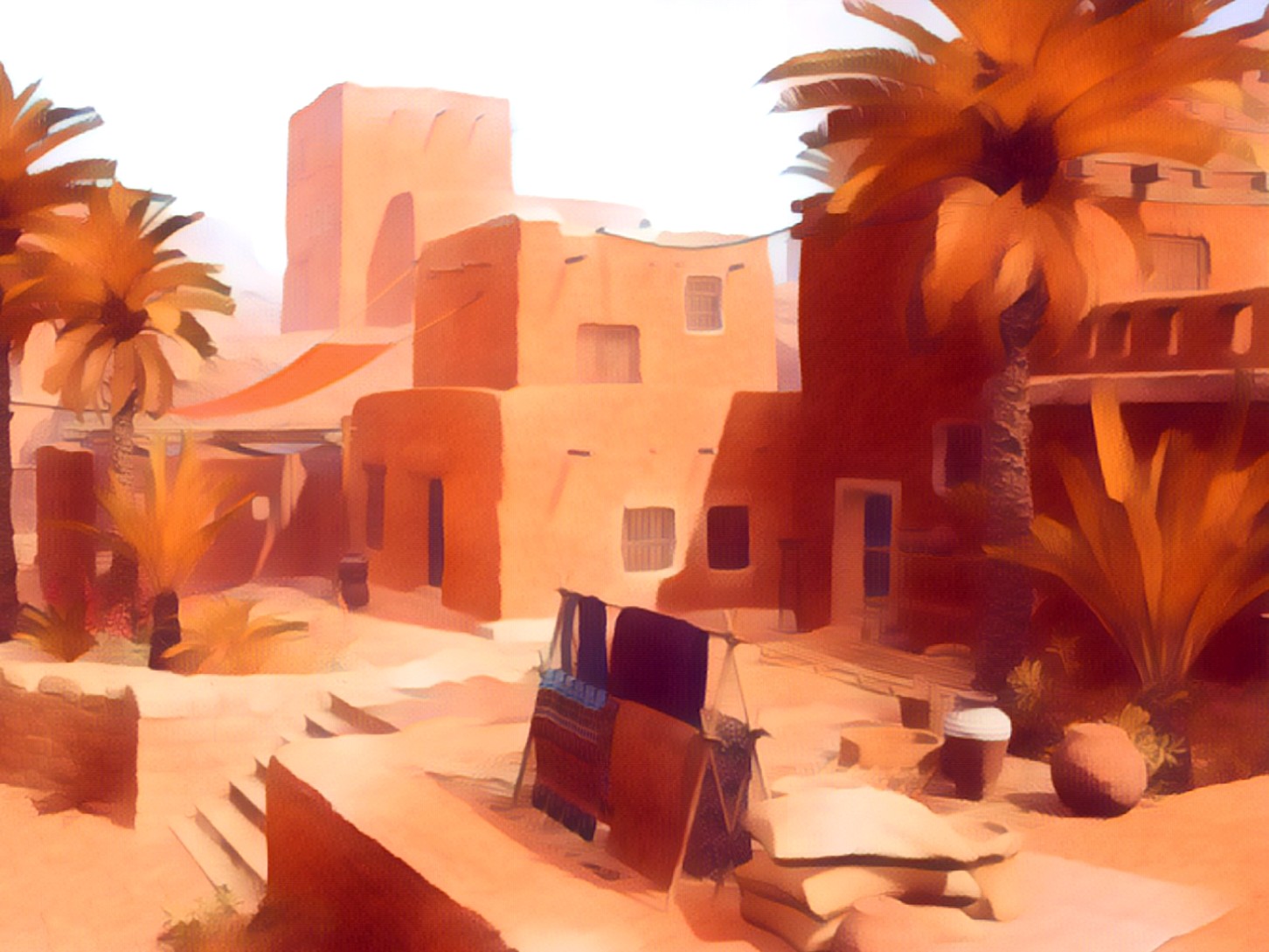 rendered image of buildings the color of sand with boxy exteriors, surrounded by palm trees and clothes drying