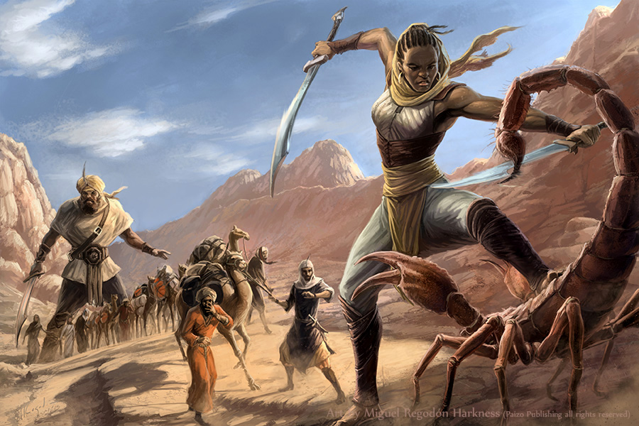 A female giant wields twin swords to fight off a giant scorpion attacking a trade caravan of camels in the desert, while a male giant stands guard at the rear of the caravan