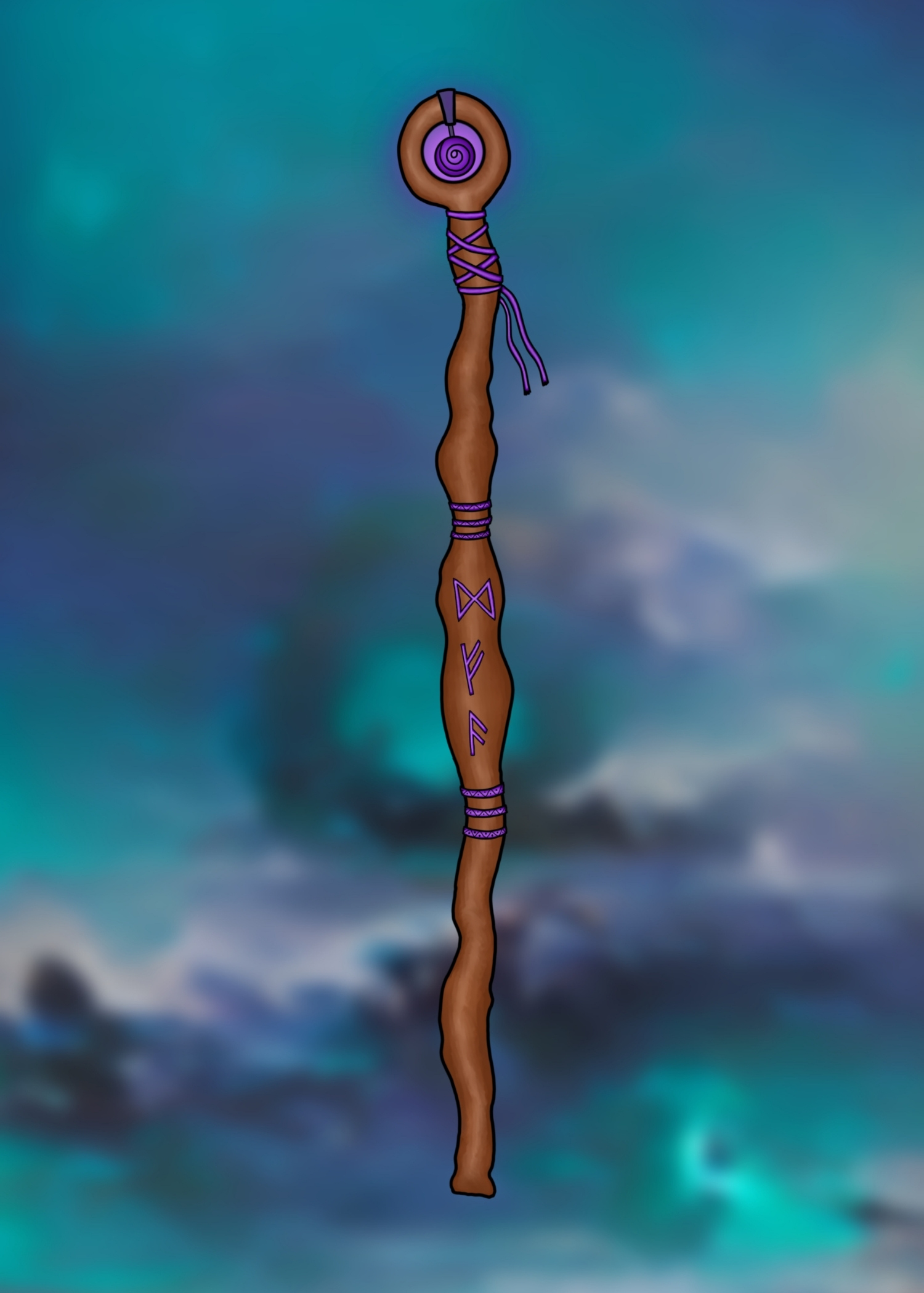 Staff of Good Luck - Digital Painting of a Staff with Purple Ribbon and Runes.