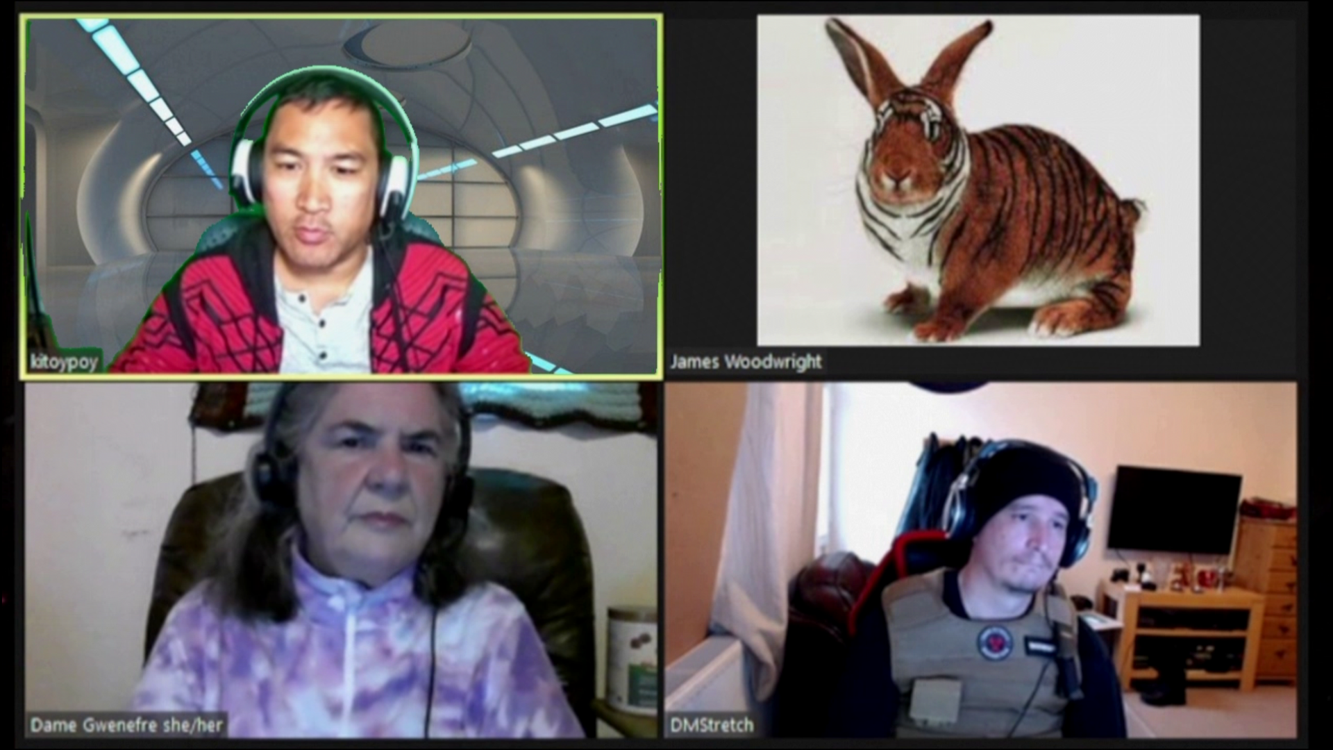 Two men, one woman, and a tiger-bunny avatar in a Zoom meeting