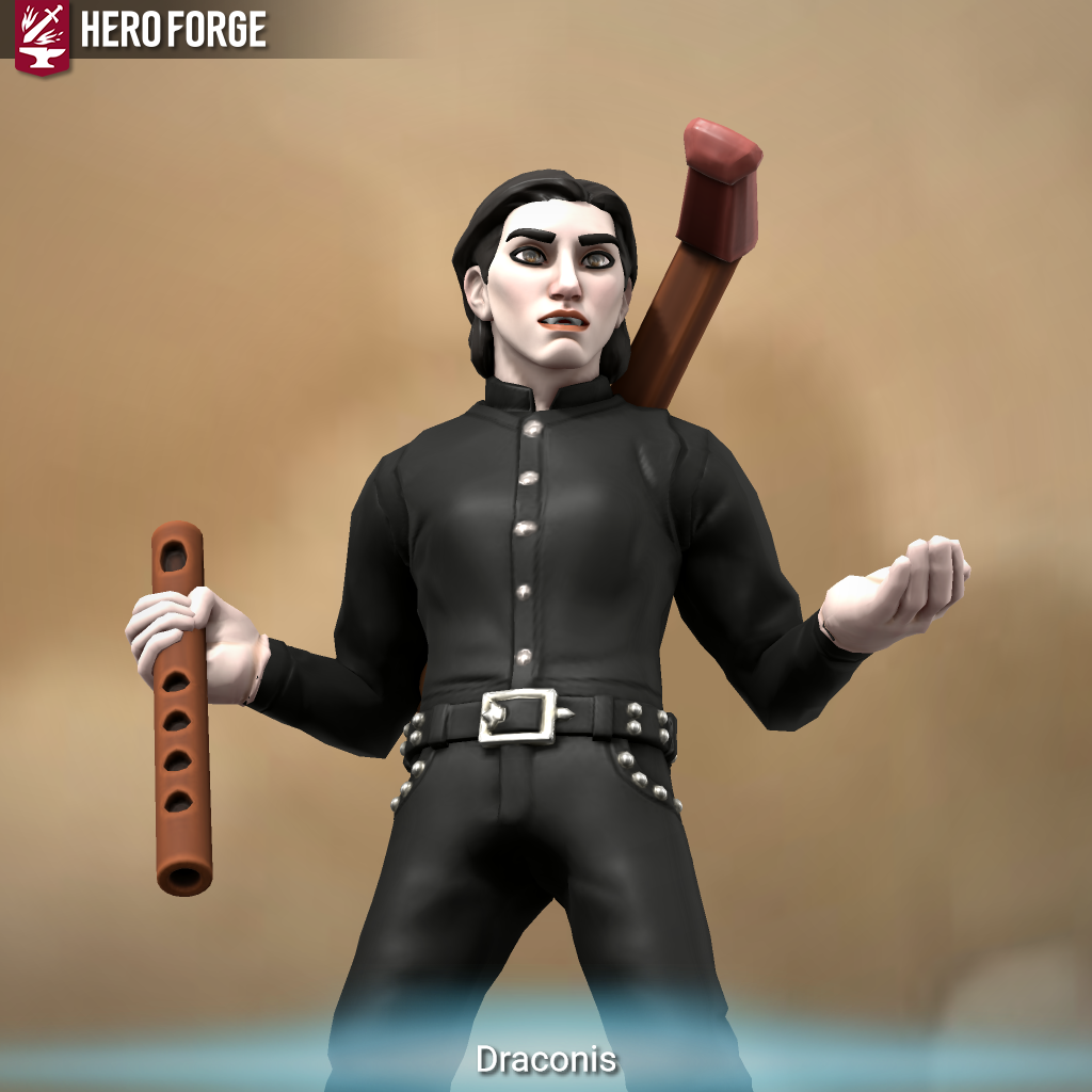 Hero Forge portrait of a man with pale skin, black hair, and black clothes. He is holding a wooden flute and has a lyre strapped on his back