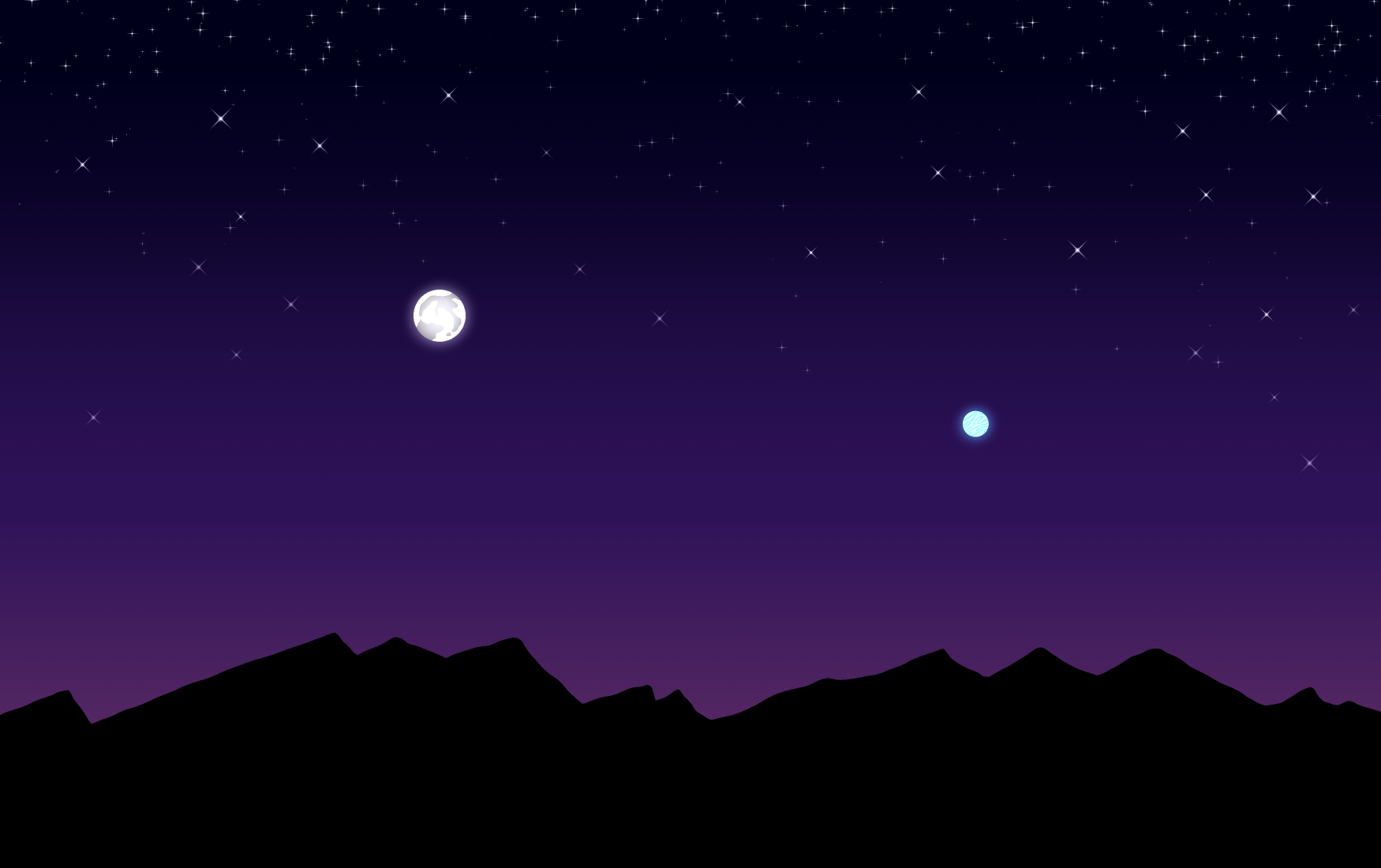A black mountain range silhouetted against a starry sky with two moons.