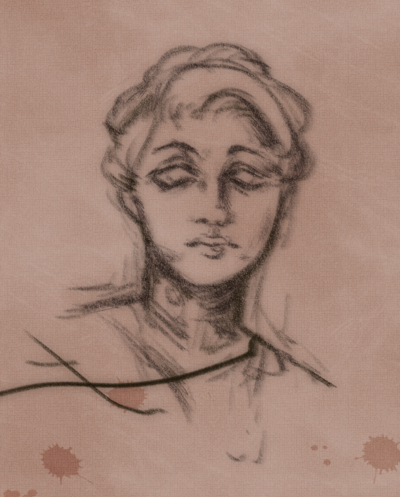 Parchment sketch depicting a statuesque woman