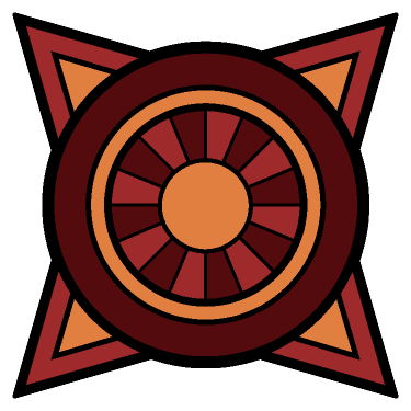 Black line art of a sun symbol colored in with orange and red