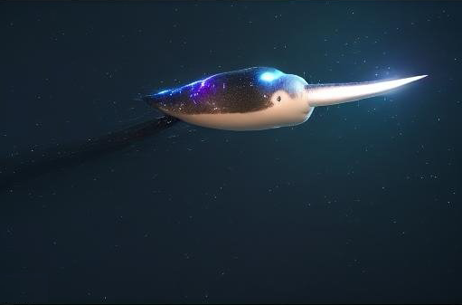A narwhal with no fins swimming through space