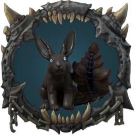 A strange black rabbit with an alien tail and eyes in a frame of teeth