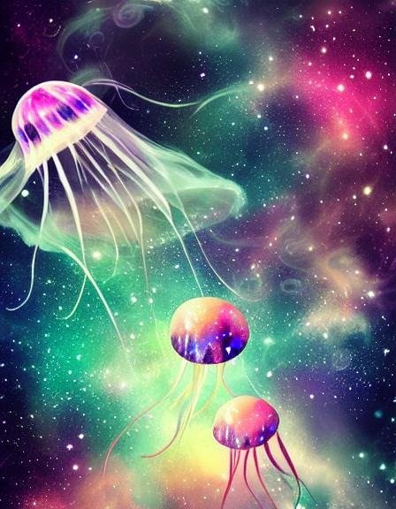 Three brightly-coloured star-jellyfish swimming in a nebula