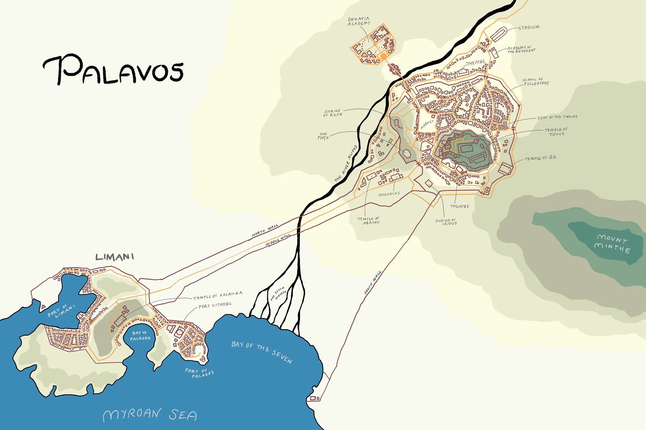 Pre-Empire map of the city of Palavos and the port town of Limani. 