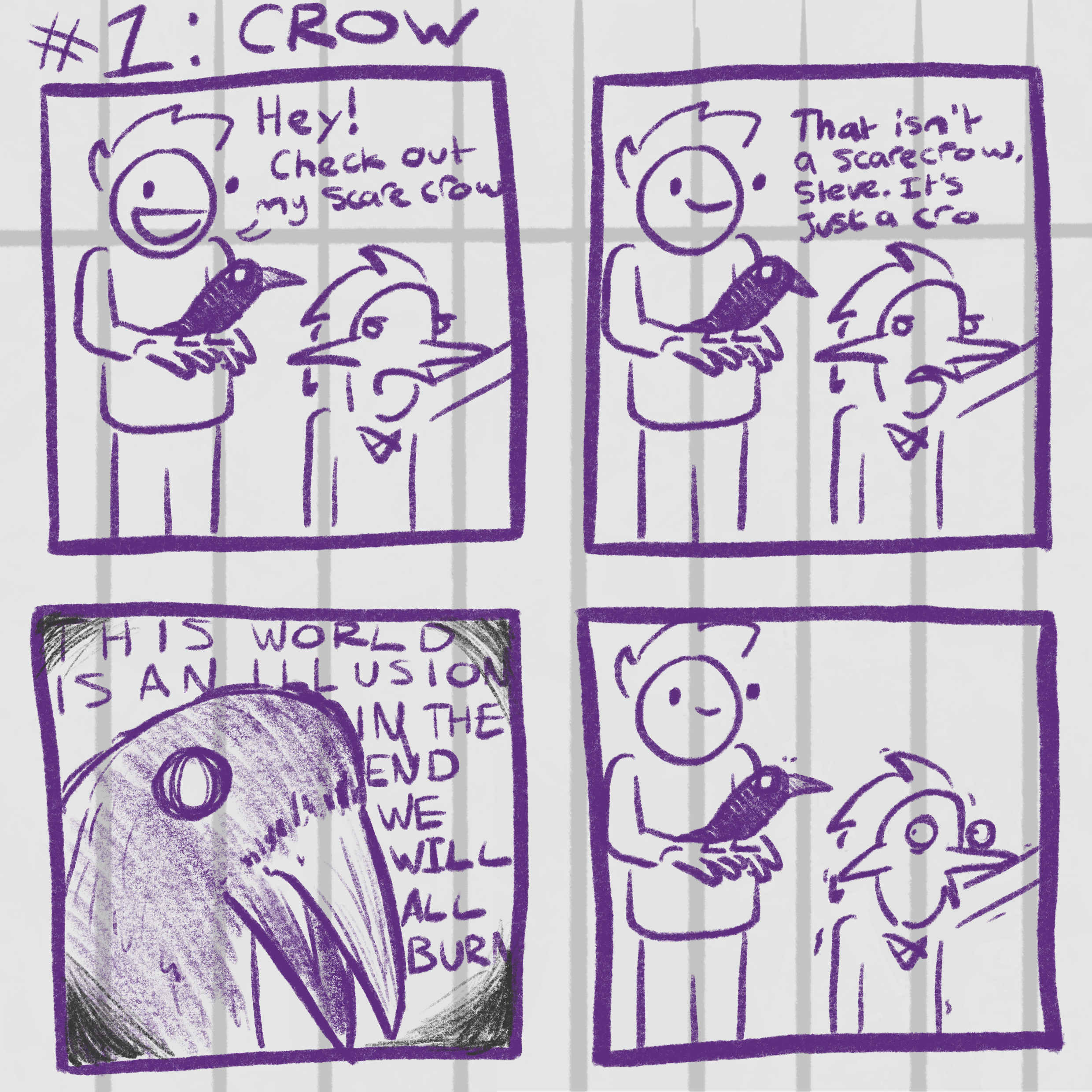 Four panel comic. Panel 1: Man on left, holding a crow. Gnomish Man on right. Left: 