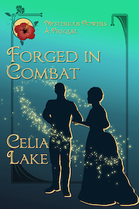 Cover of Forged in Combat. A man and a woman in silhouette on a teal green background. She is wearing a Victorian bustle dress, his clothing fits with military uniform of the time. A bright red hibiscus highlights the top corner of the cover. 