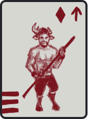 Gauntlet playing card - Fighter. Aggressive direct. Depicting a faun figther.