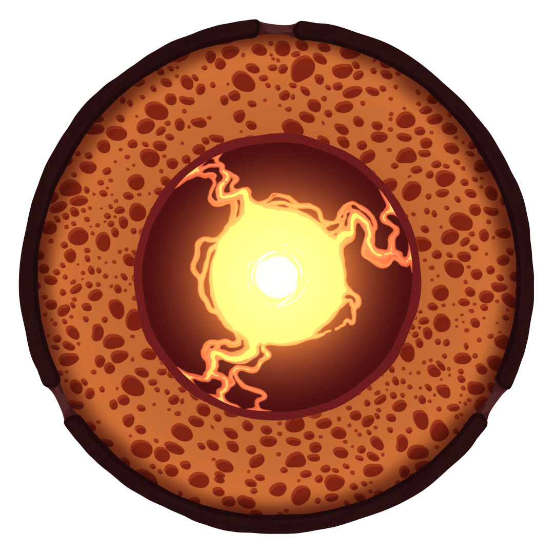 Colored rendition of a Celestial Core. It is a circle with a dark red outer rim, a bright red spongey layer, another red rim, and a glowing yellow center that appears to have lightning coming off of it.