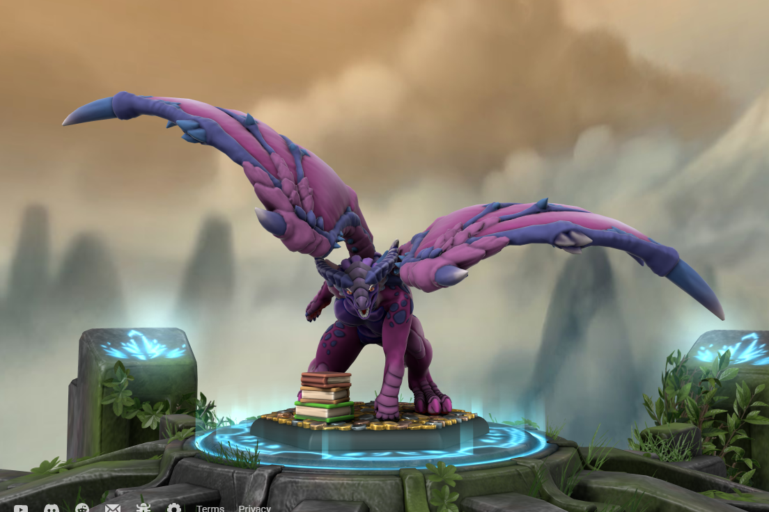 A purple dragon glaring into the camera, guarding a stack of books