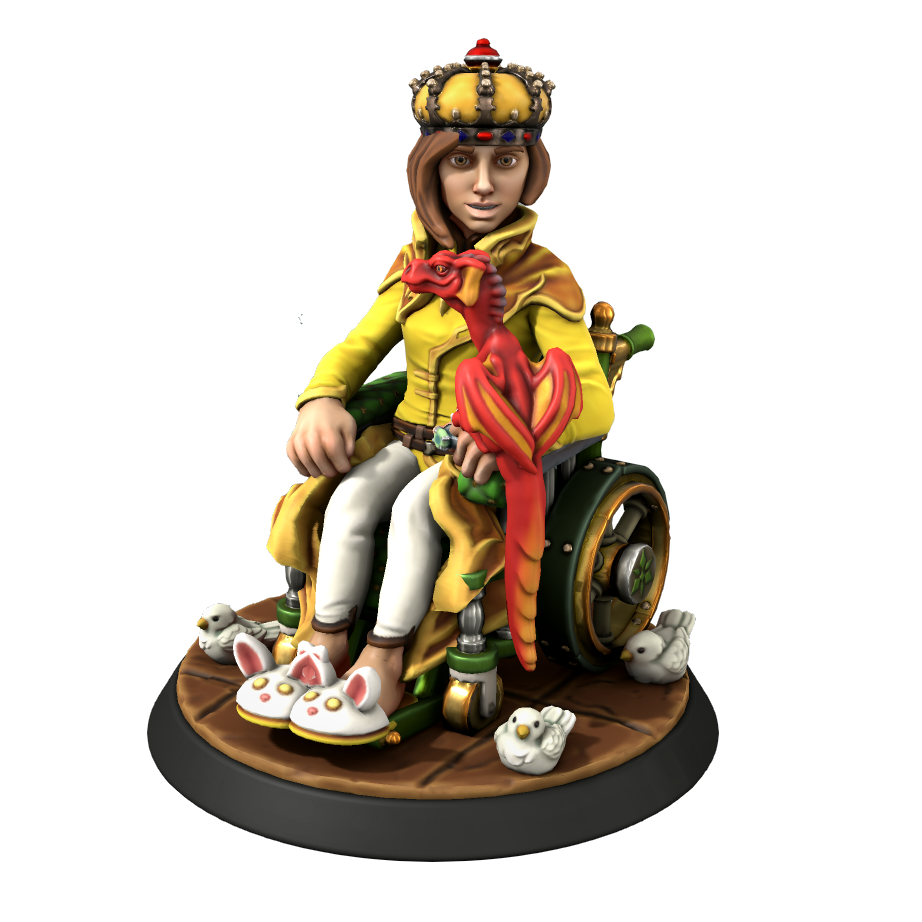 A girl with a crown and bunny slippers, sitting on a green wheelchair and with a small red dragon perching on her arm