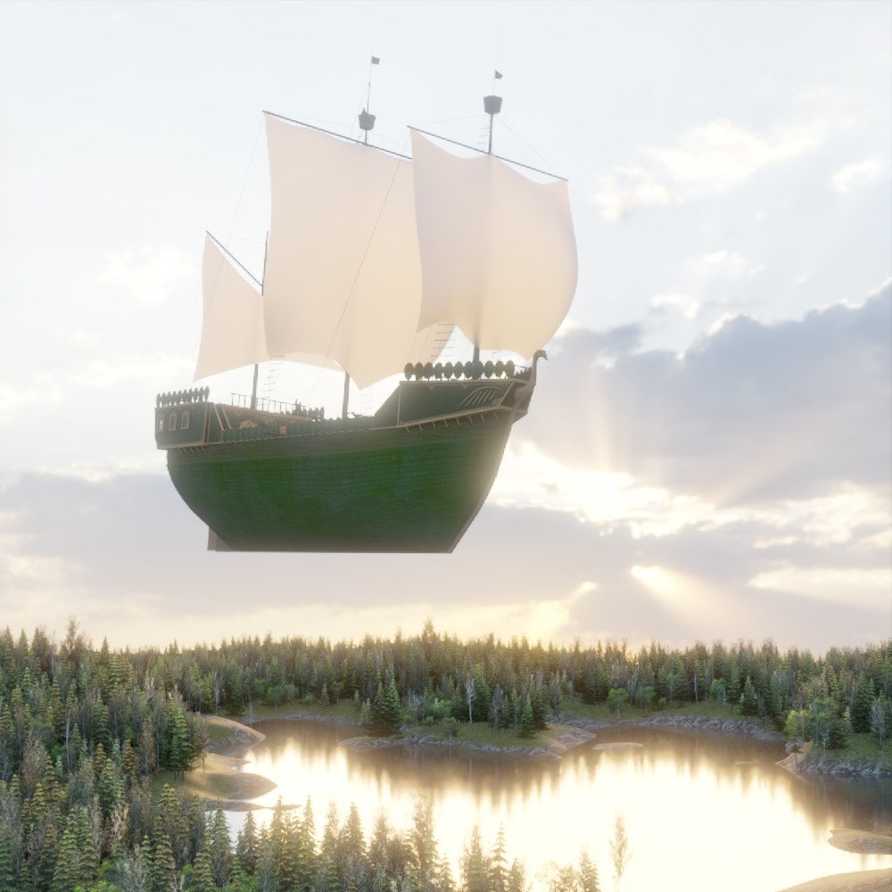 A Bereghin sky ship flying over a forest lake