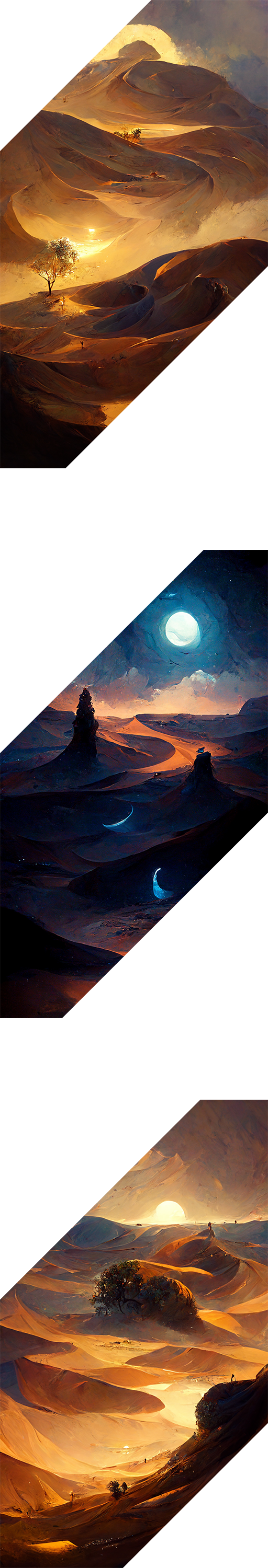 Three images of a desert landscape at sunset, night, and sunrise.
