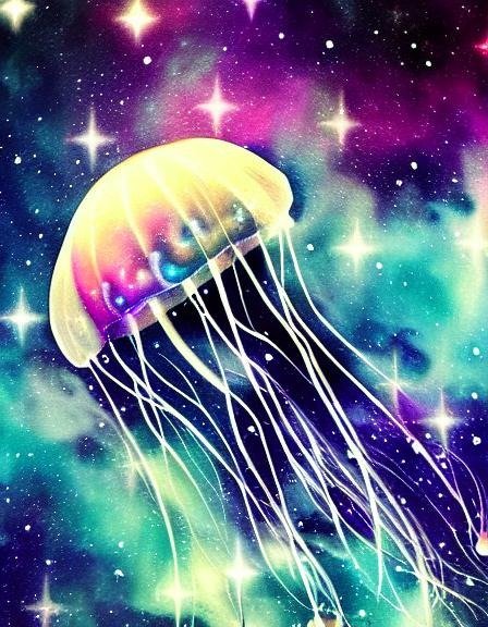 A colourful star-jellyfish swimming in a nebula