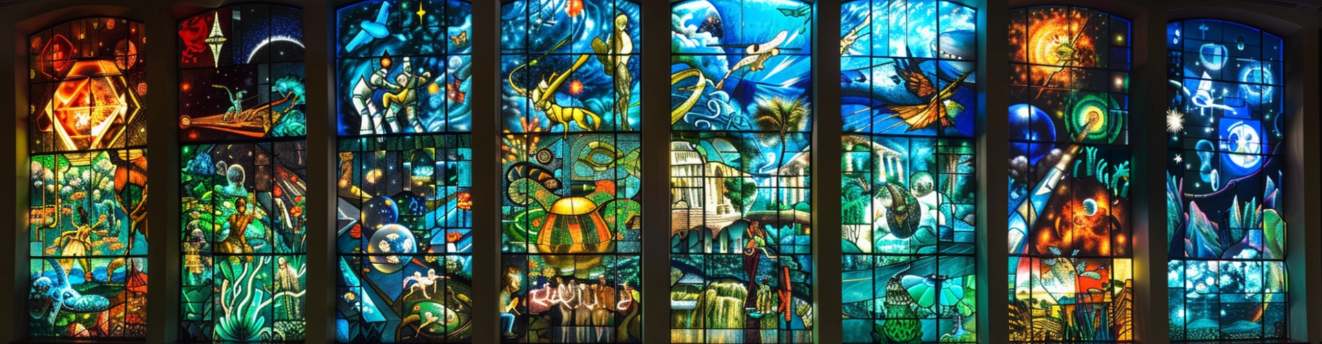 stained glass painting showing stylistic scenes of cultural events