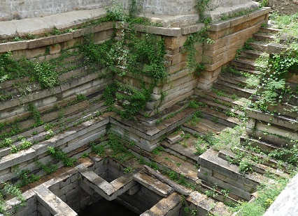 Overgrown stone steps leading down into a water cistern