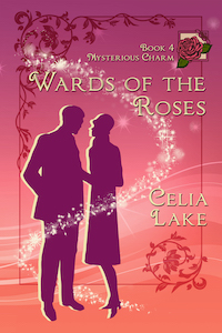 Cover of Wards of the Roses. A man and woman in 1920s clothing silhouetted on a red background that shades to vivid orange-peach at the bottom. A rose is inset in the top right. 