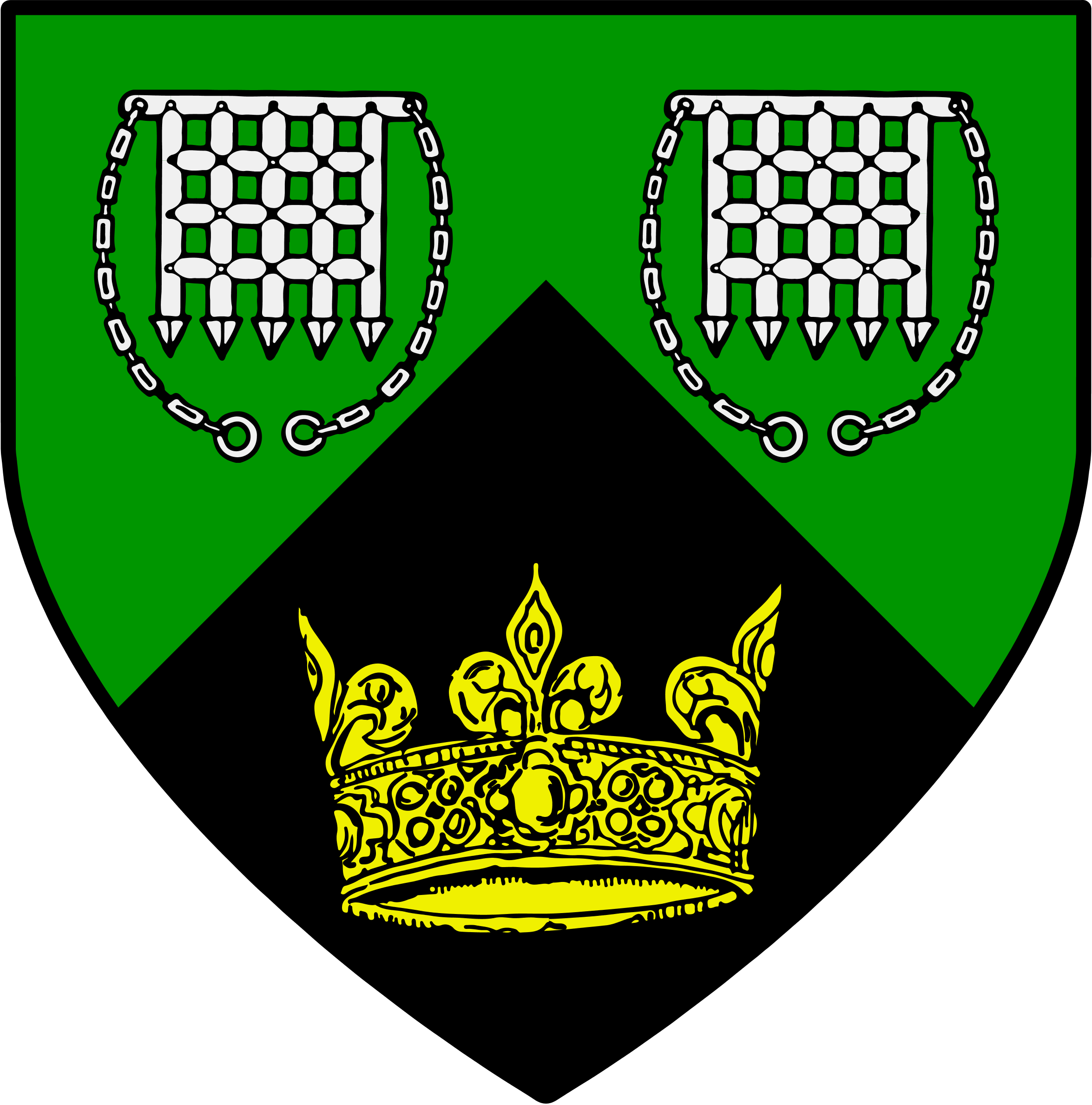 vert two portculliss argent, per chevron sable a crown or.png