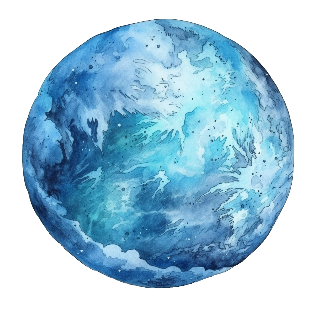 A watercolor drawing of a blue planet with smatterings of clouds that almost look like waves.