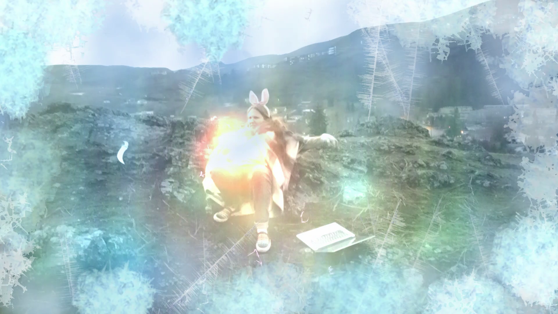 A prone woman in bunny ears, fallen sword and laptop at her side, rallies her strength and releases a blast of magic